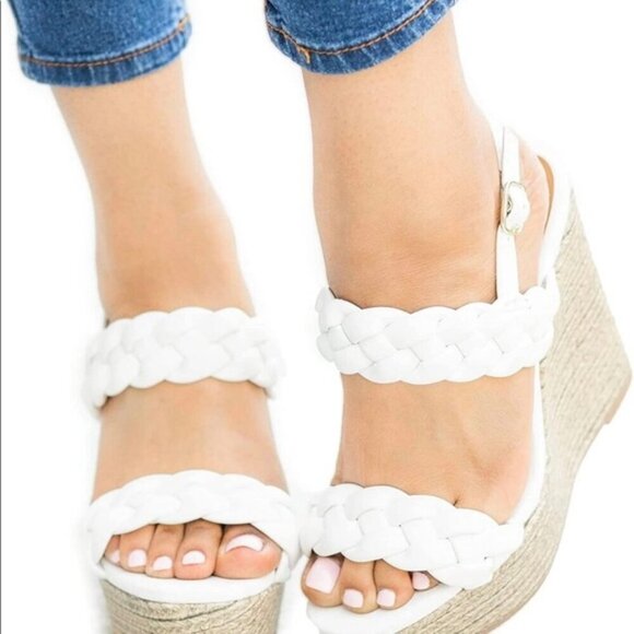 Esprit Braided Espadrille Platform Cork Wedge White Size 8 - Picture 2 of 7